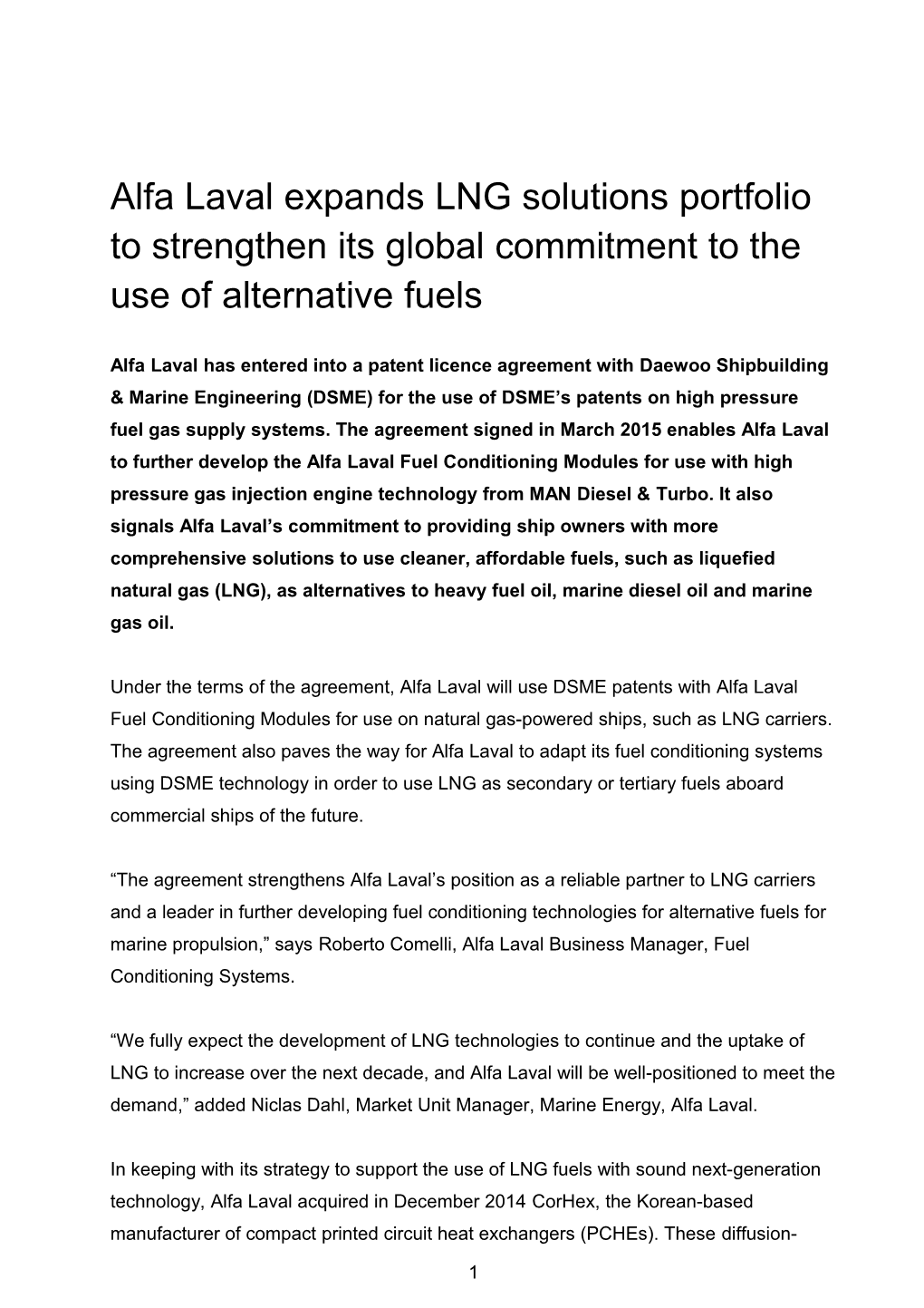 Alfa Laval Expands LNG Solutions Portfolio to Strengthen Its Global Commitment to the Use