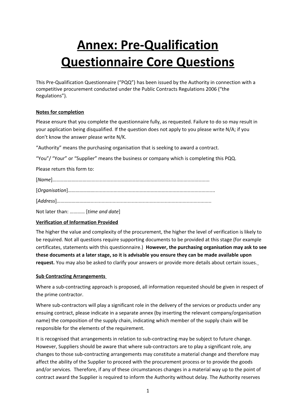 Annex:Pre-Qualification Questionnaire Core Questions