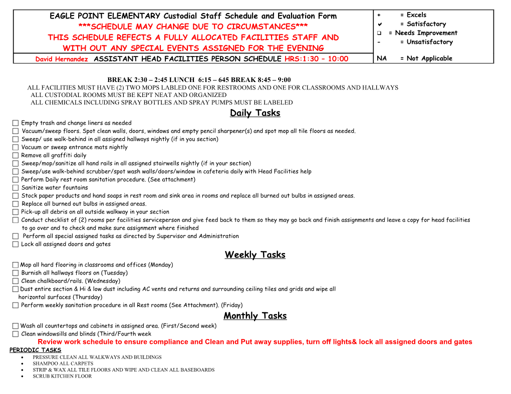 Park Springs Elementary Facilities Service Staff Schedule and Evaluation Form