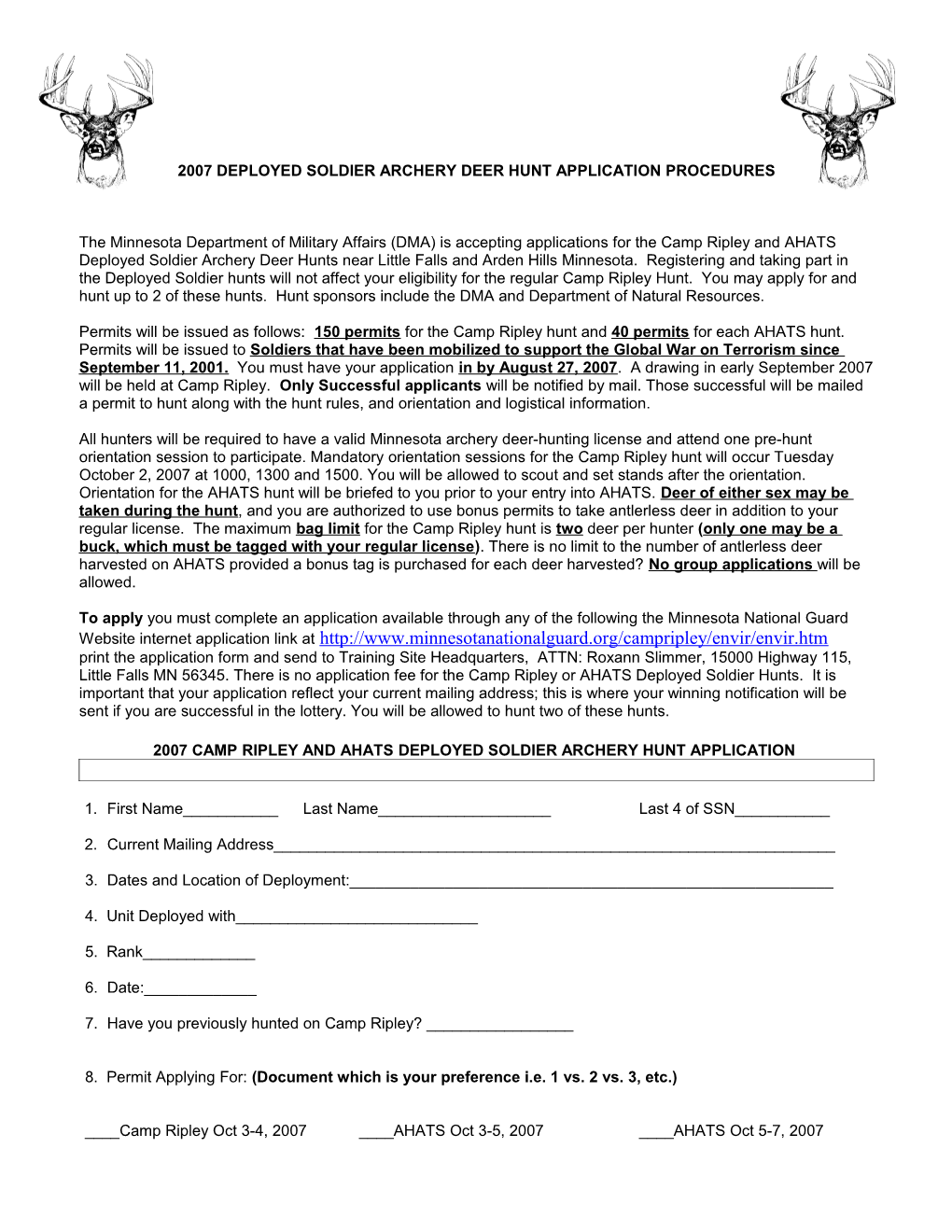 2007 Deployed Soldier Archery Deer Hunt Application Procedures