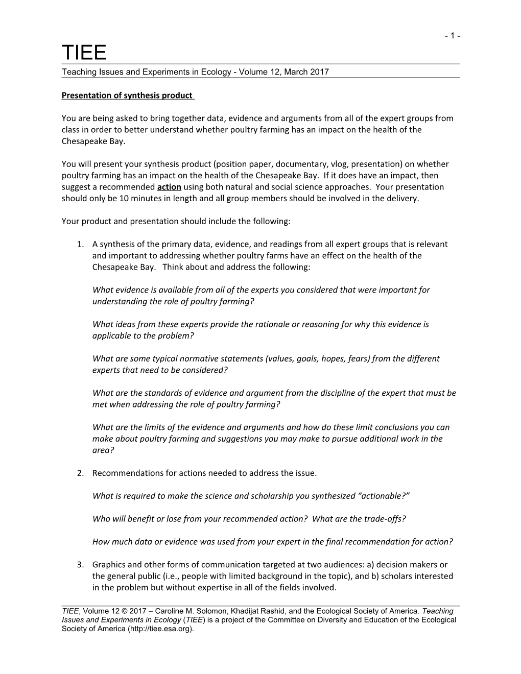 Teaching Issues and Experiments in Ecology - Volume 12, March 2017