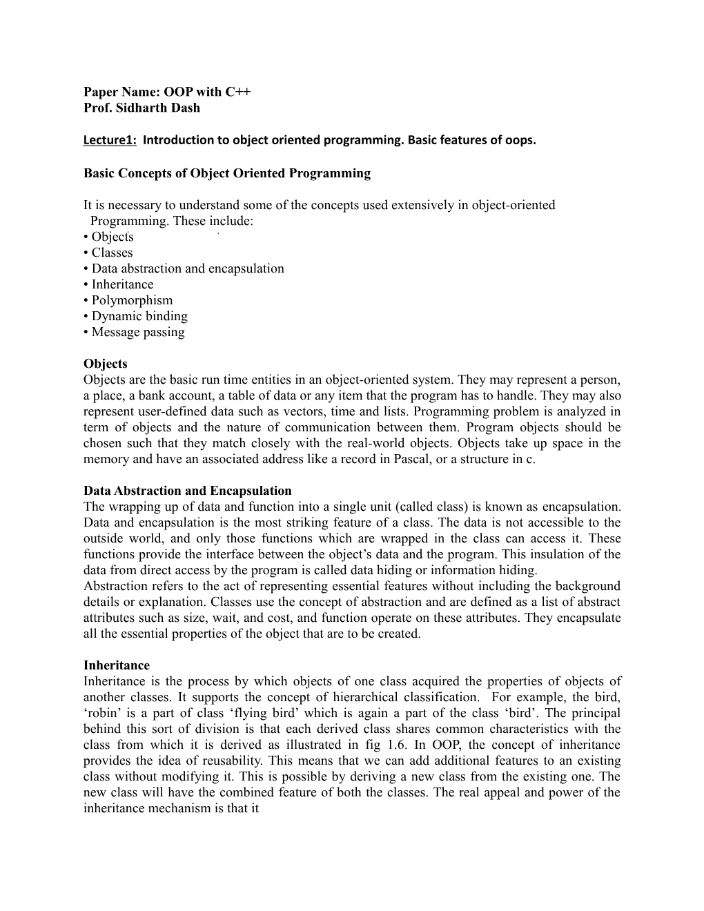 Lecture1: Introduction to Object Oriented Programming. Basic Features of Oops