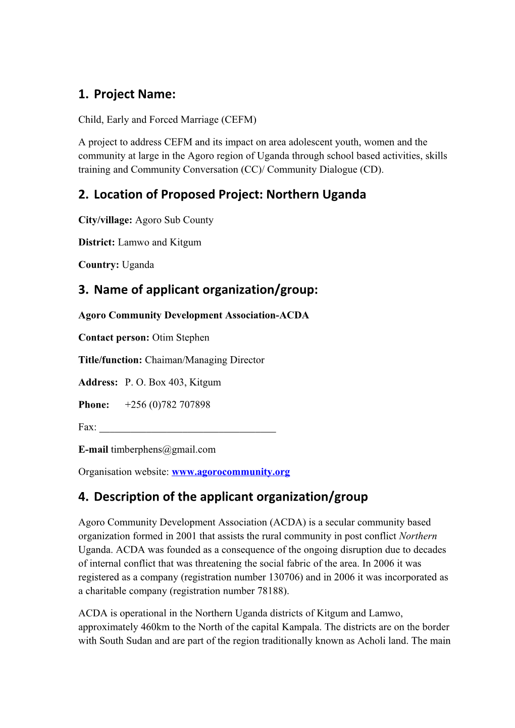 Project Application for Funding by the Canada Fund for Local Initiatives (CFLI)