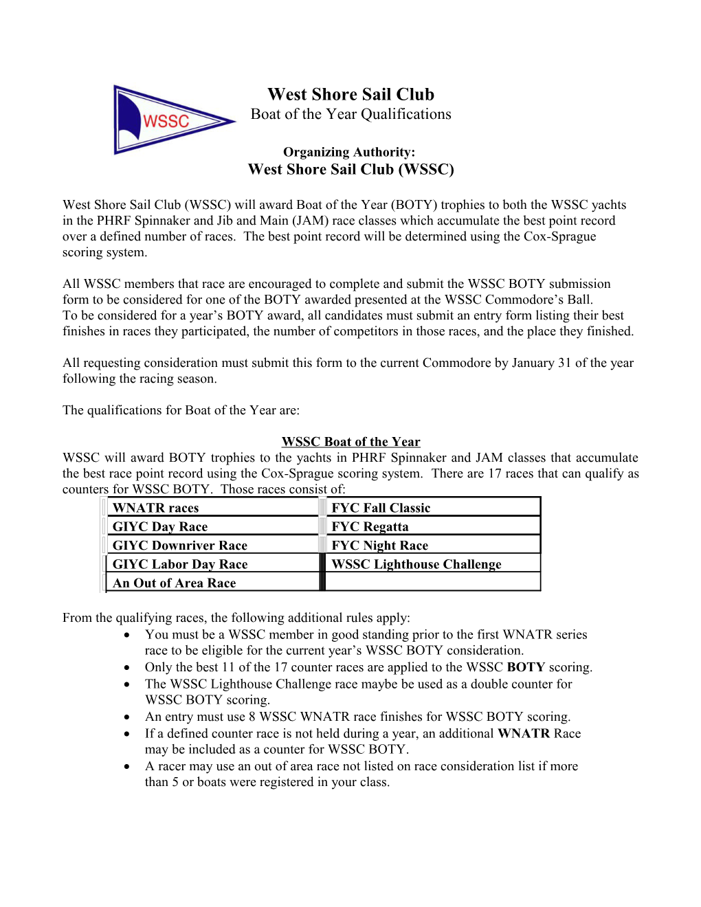All Boat of the Year Candidates Must Submit a List of 2012 Races Completed to Be Considered