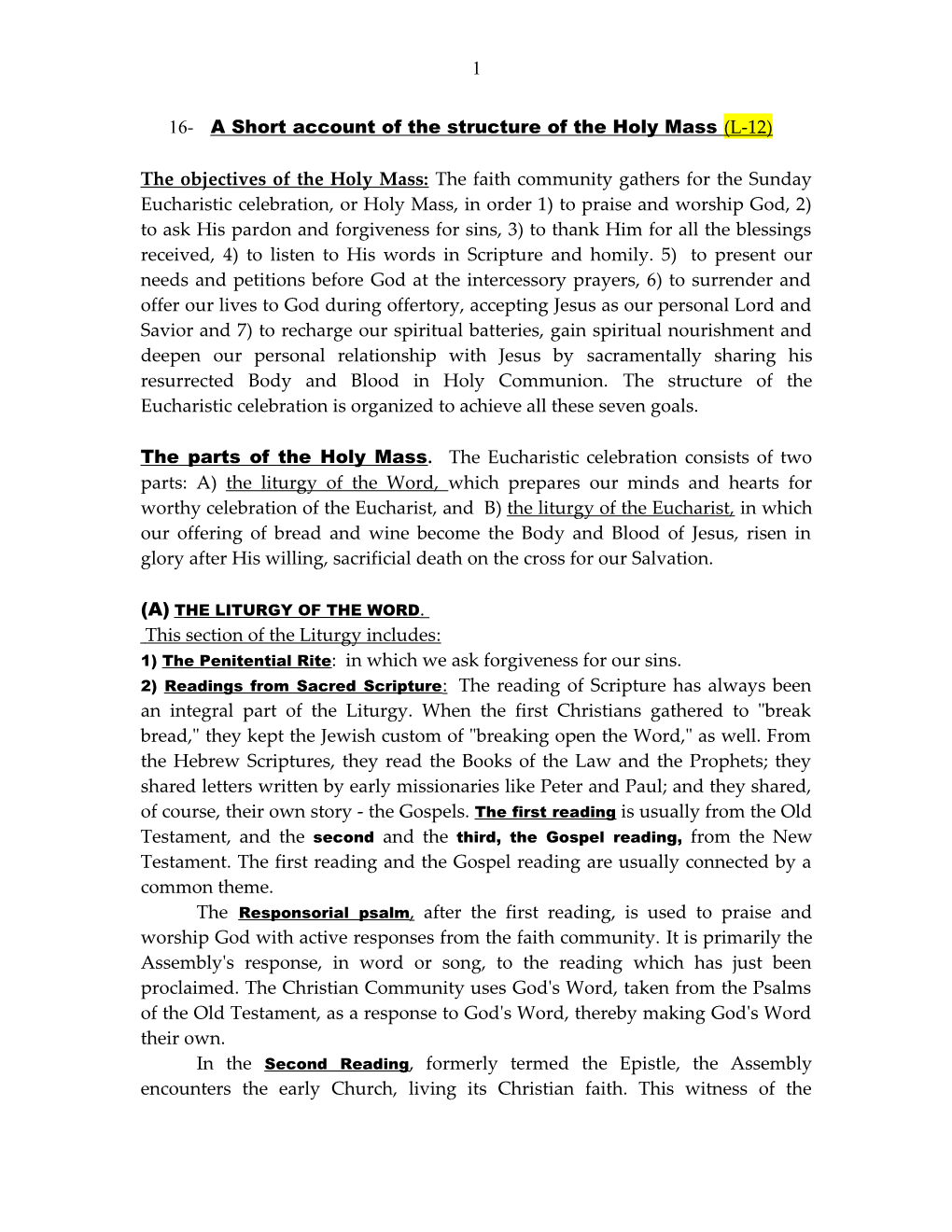 16-A Short Account of the Structure of the Holy Mass (L-12)