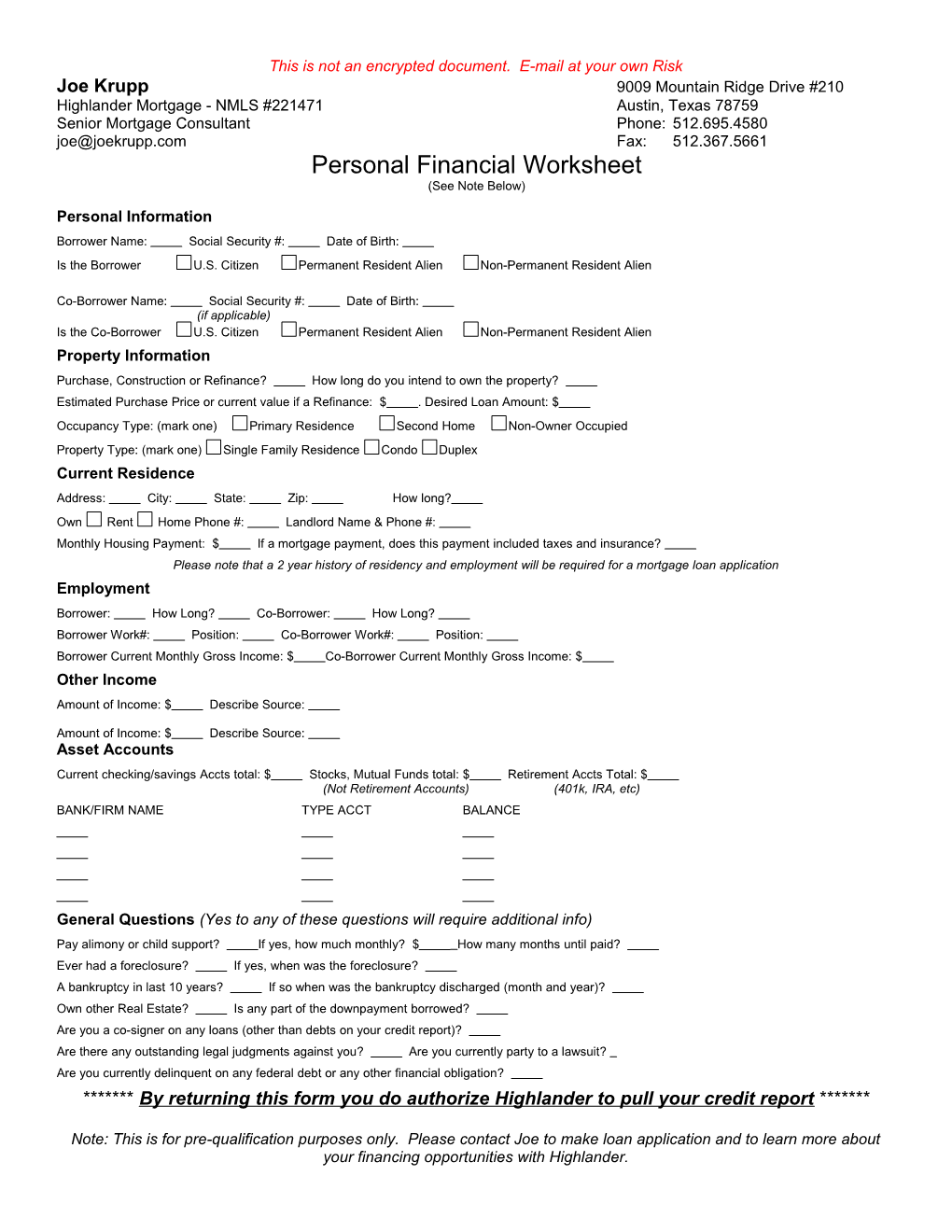 Personal Financial Worksheet