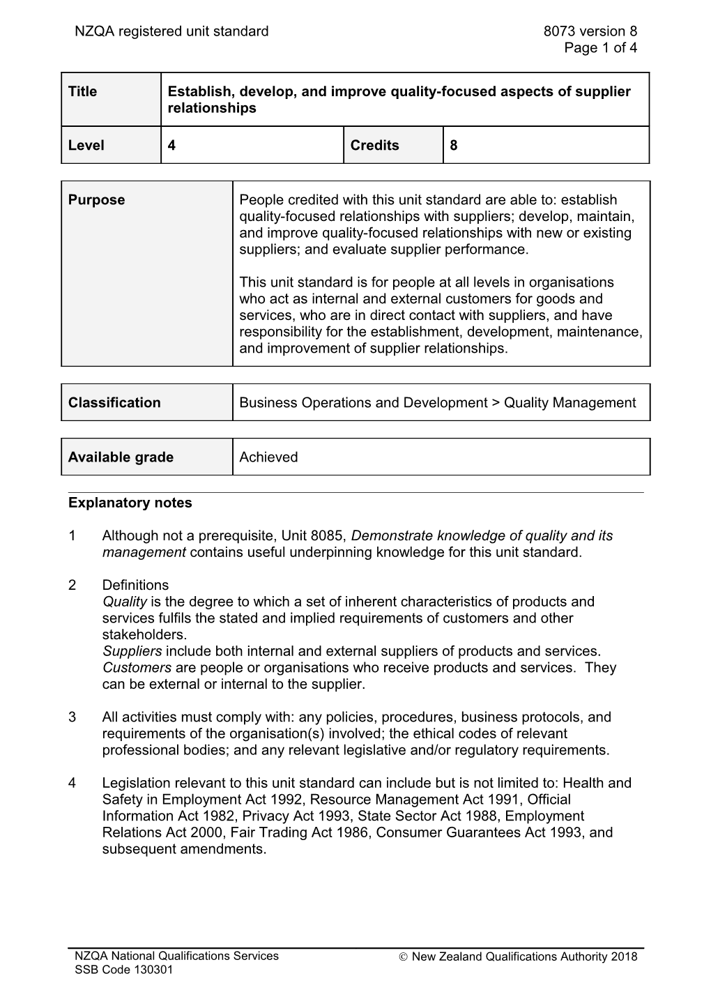 8073 Establish, Develop, and Improve Quality-Focused Aspects of Supplier Relationships