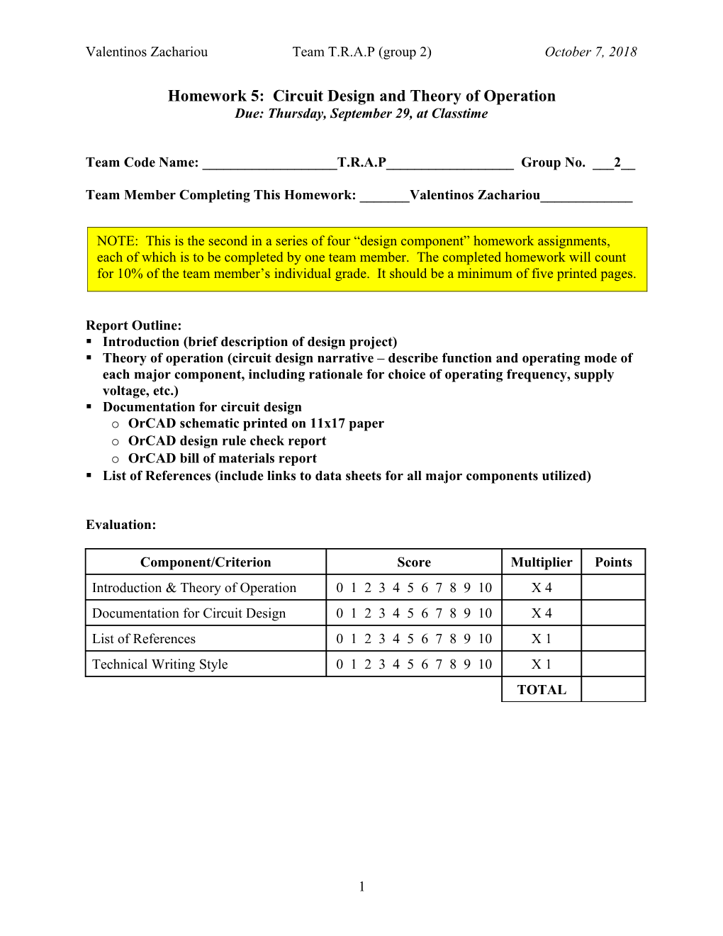 Homework 5: Circuit Design and Theory of Operation