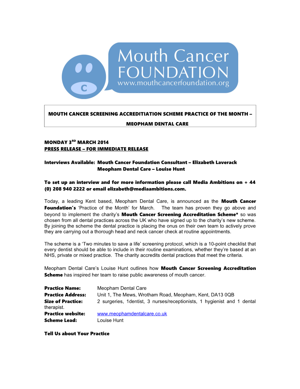 Mouth Cancer Screening Accreditiation Scheme Practice of the Month Meopham Dental Care