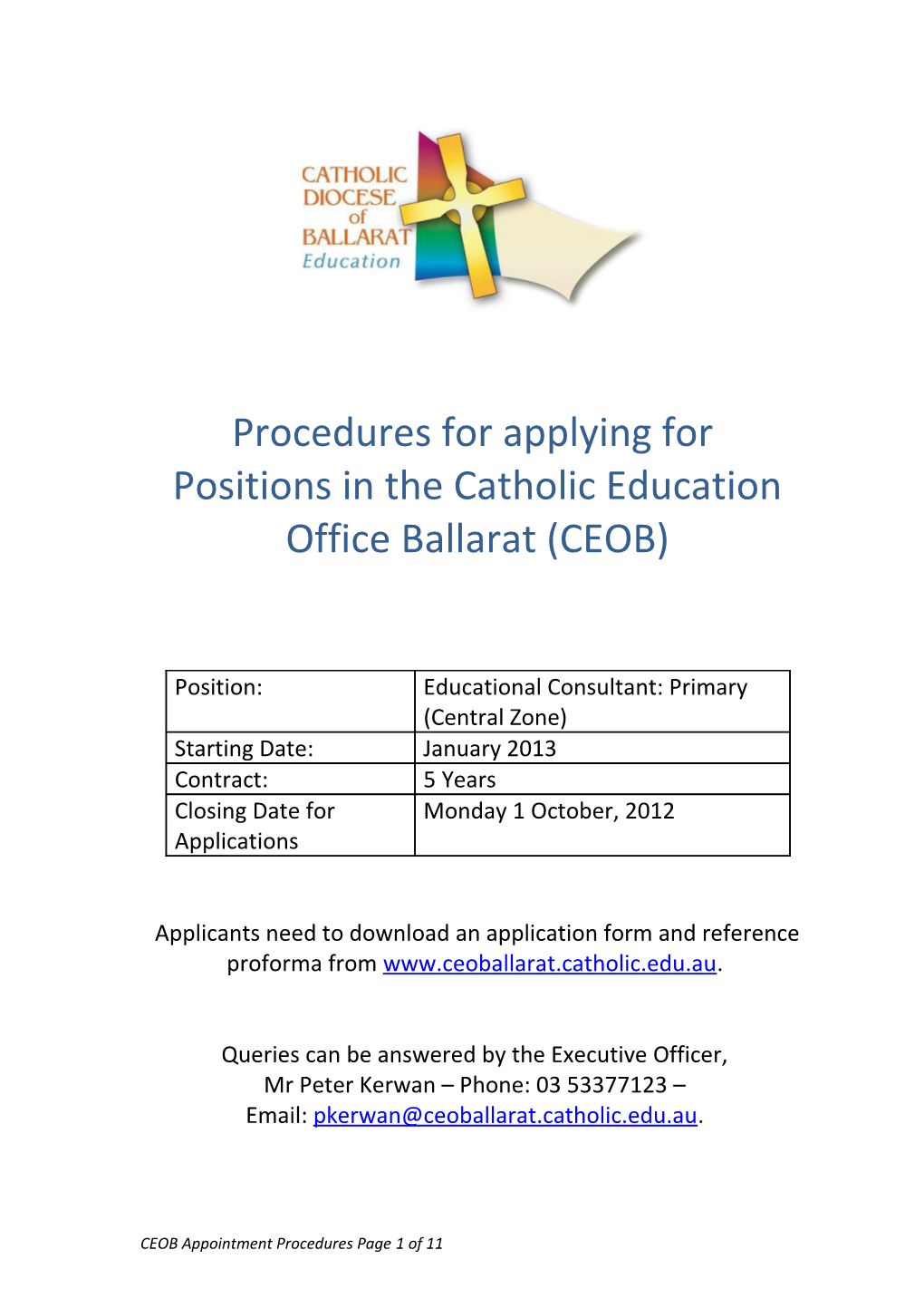 Positions in the Catholic Education Office Ballarat (CEOB)