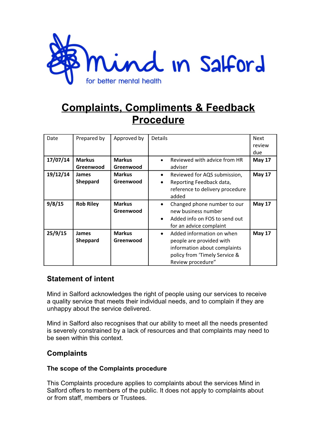 Complaints, Compliments & Feedbackprocedure