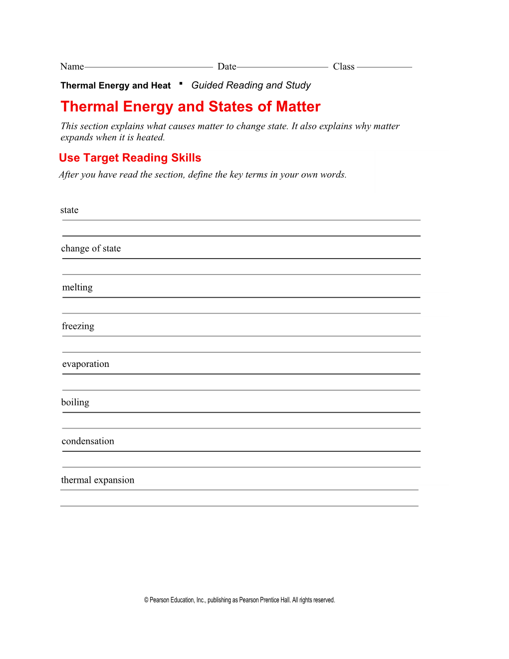 Thermal Energy and Heat Guided Reading and Study