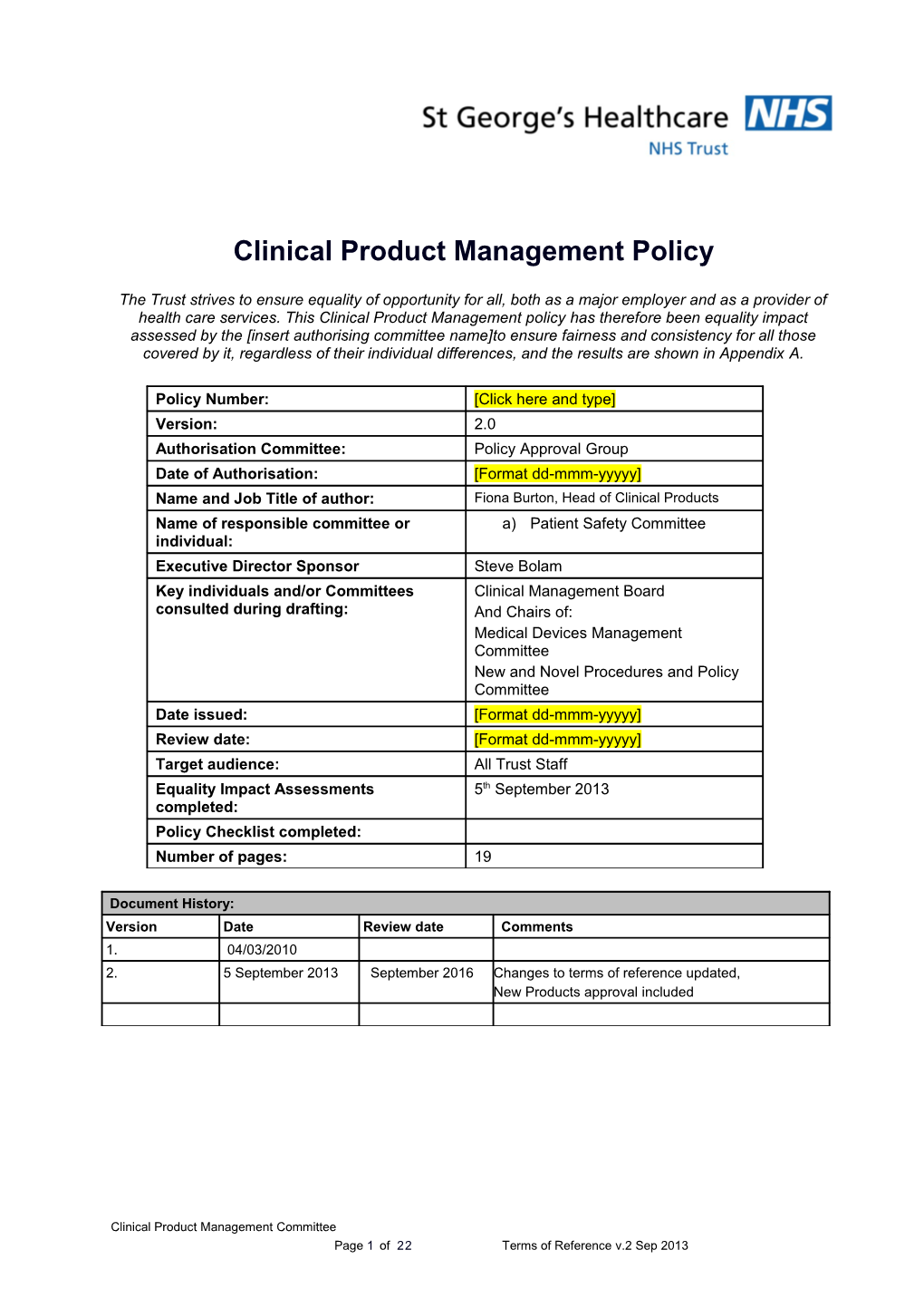 Clinical Product Management Policy