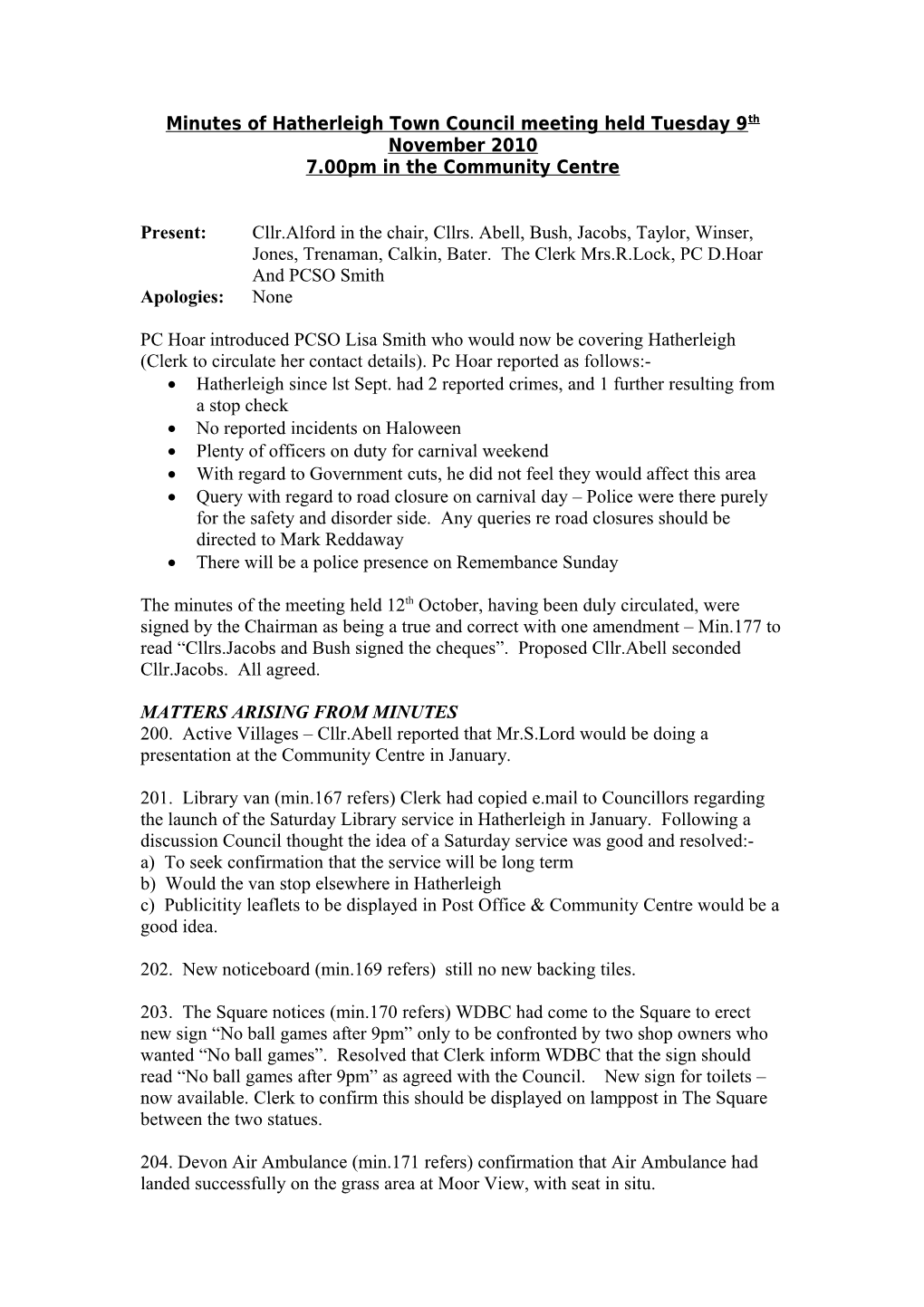 Minutes of Hatherleigh Town Council Meeting Held Tuesday 9Th November 2010-11-10