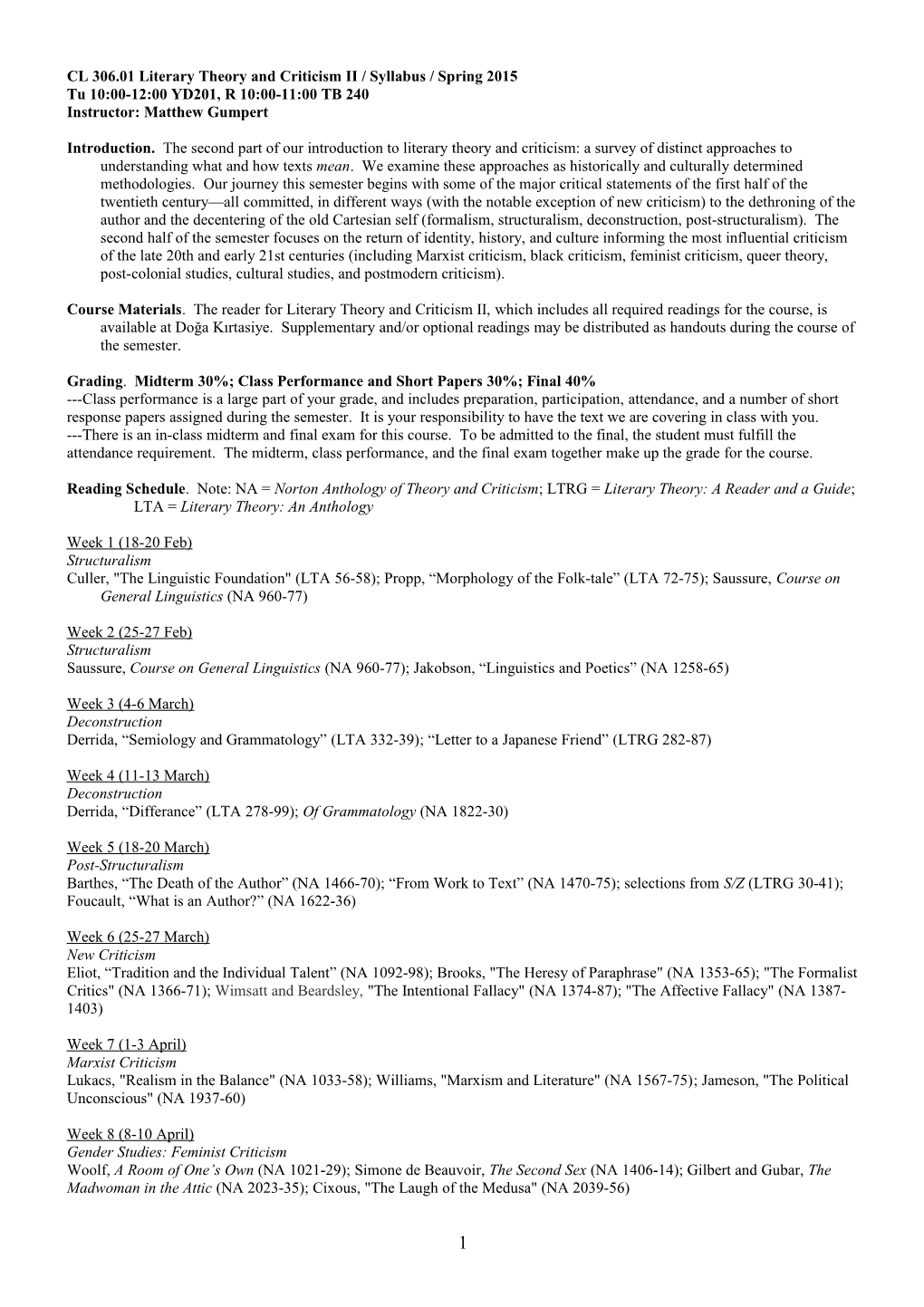 CL 306.01 Literary Theory and Criticism II/Syllabus/Spring 2015