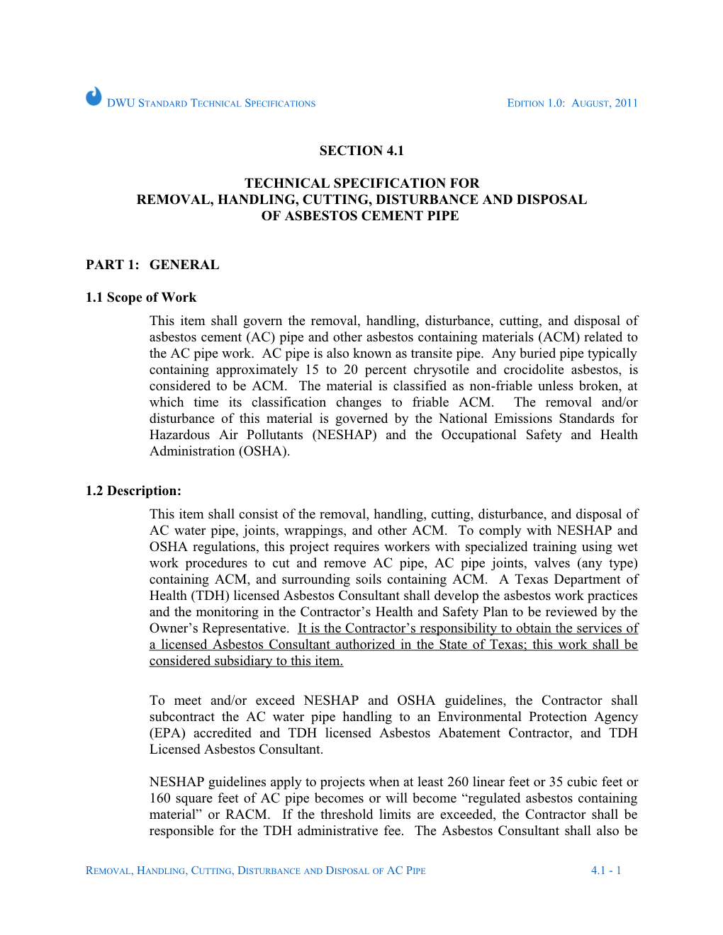 Sec 4.1: Removal, Handling, Cutting, Dusturbance and Disposal of AC Pipe