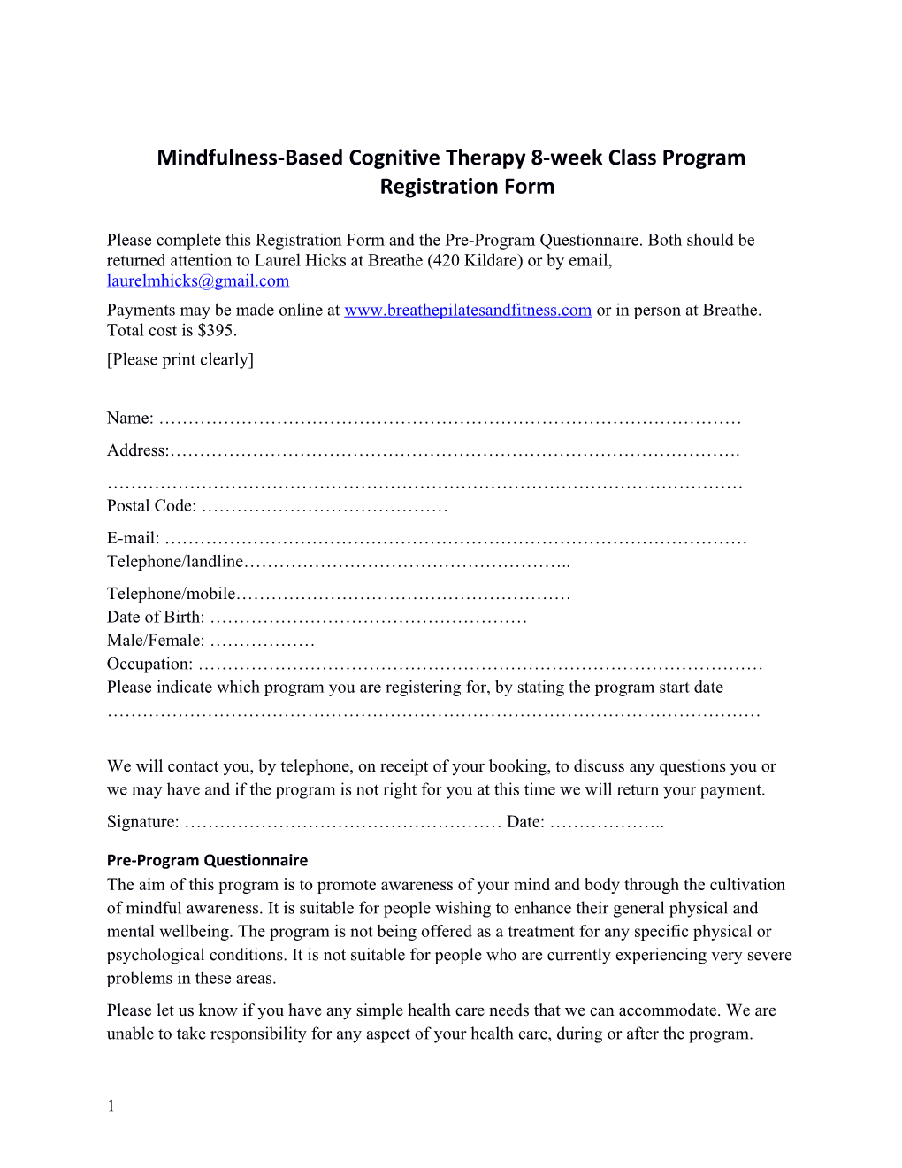 Mindfulness-Based Cognitive Therapy 8-Week Class Program Registration Form