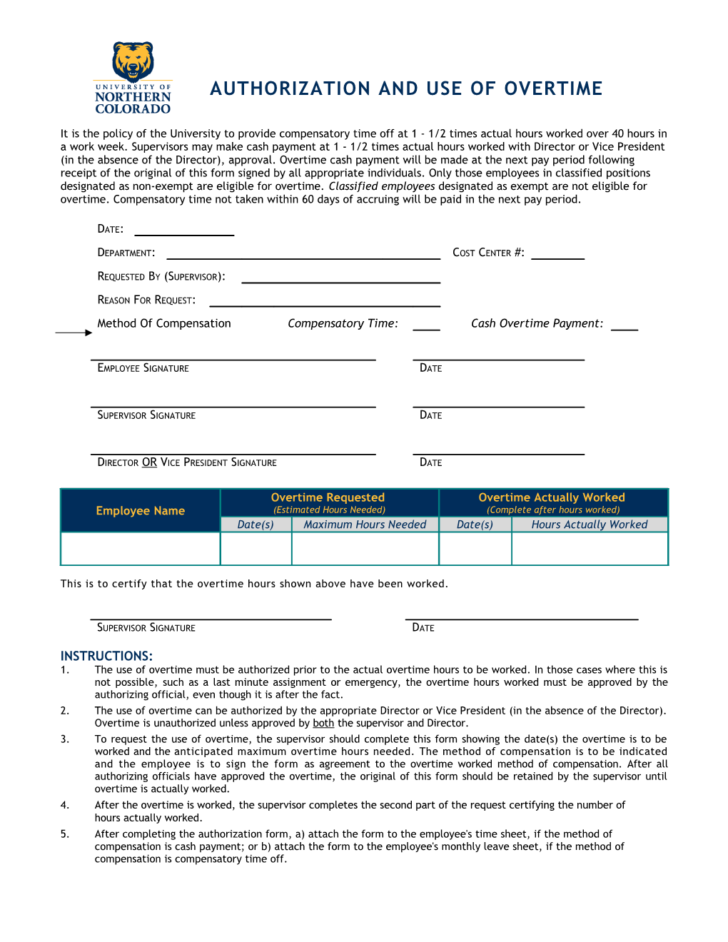 University of Northern Colorado Authorization and Use of Overtime