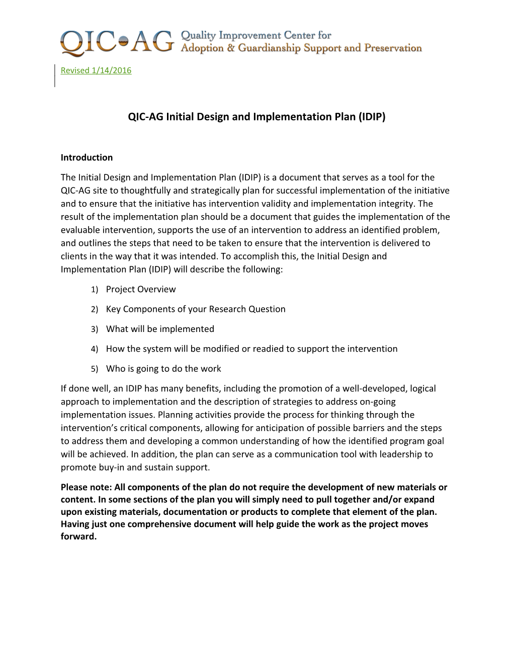 QIC-AG Initial Design and Implementation Plan (IDIP)