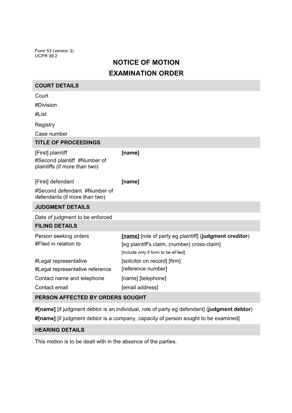 Form 53 - Notice of Motion Examination Order