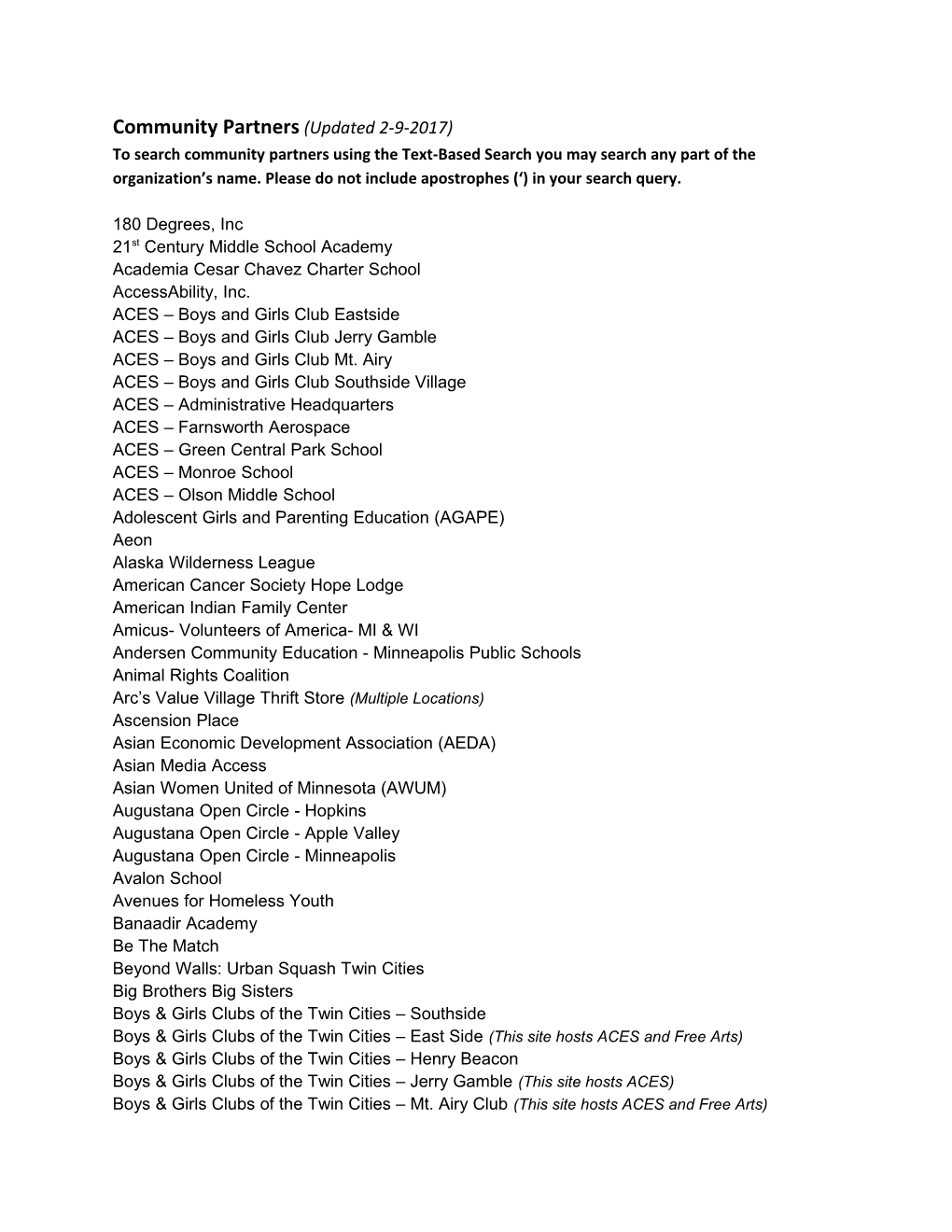 Community Partners (Updated 2-9-2017)