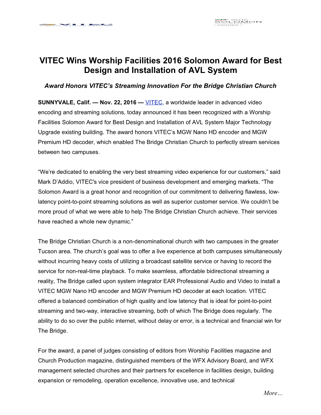 Award Honors VITEC S Streaming Innovation Forthe Bridge Christian Church