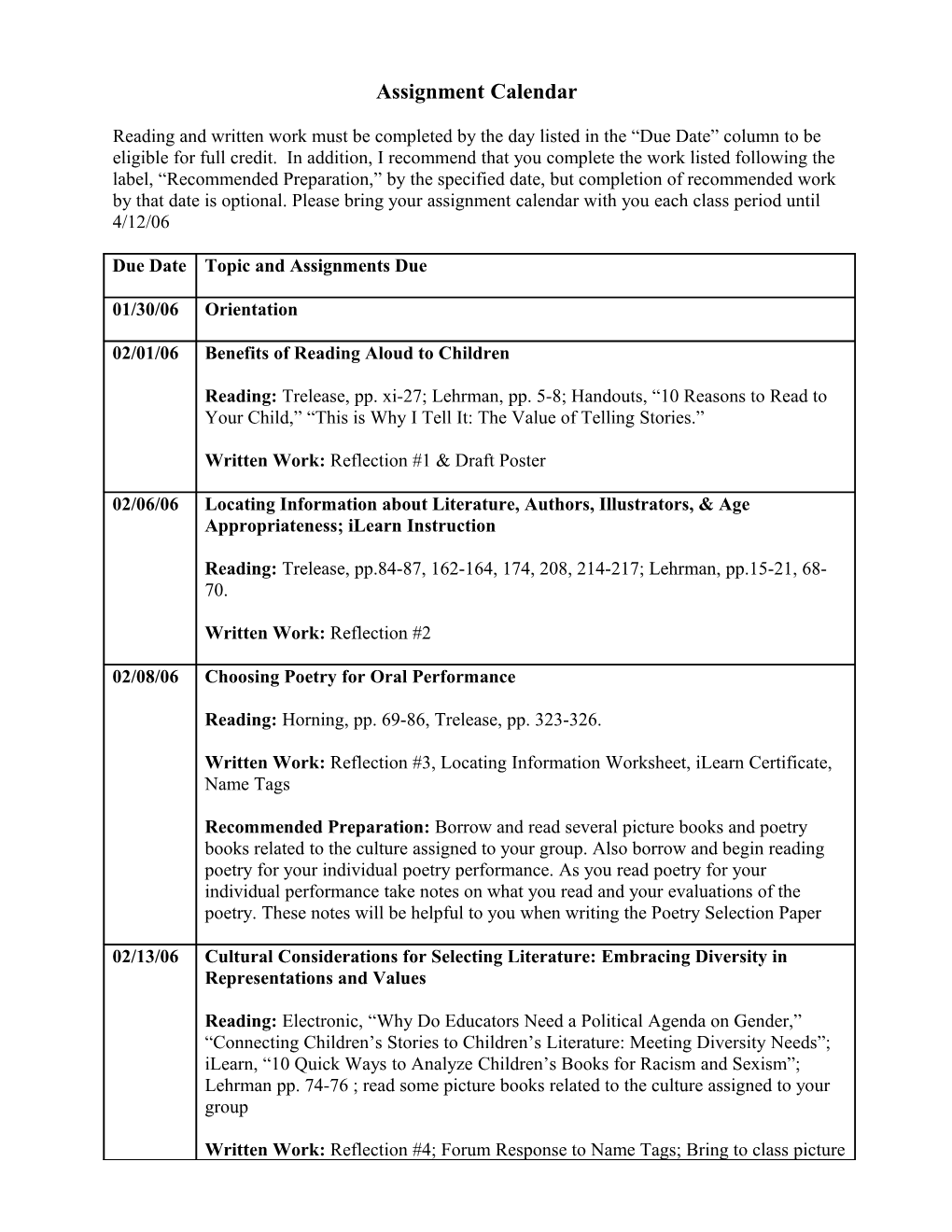 Assignment Calendar, SPCH 364, Spring 2006.Page 1