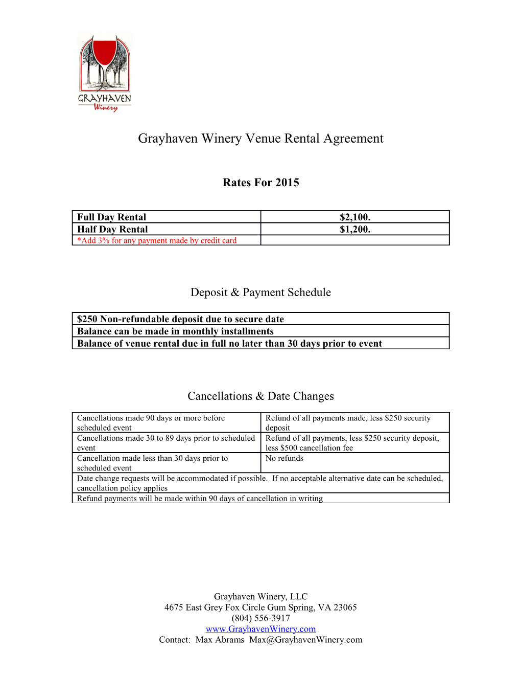 Grayhaven Winery Venue Rental Agreement