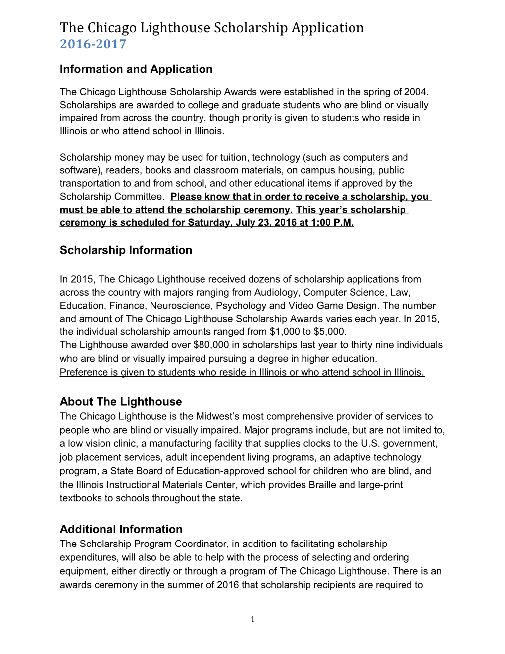 The Chicago Lighthouse Scholarship Application