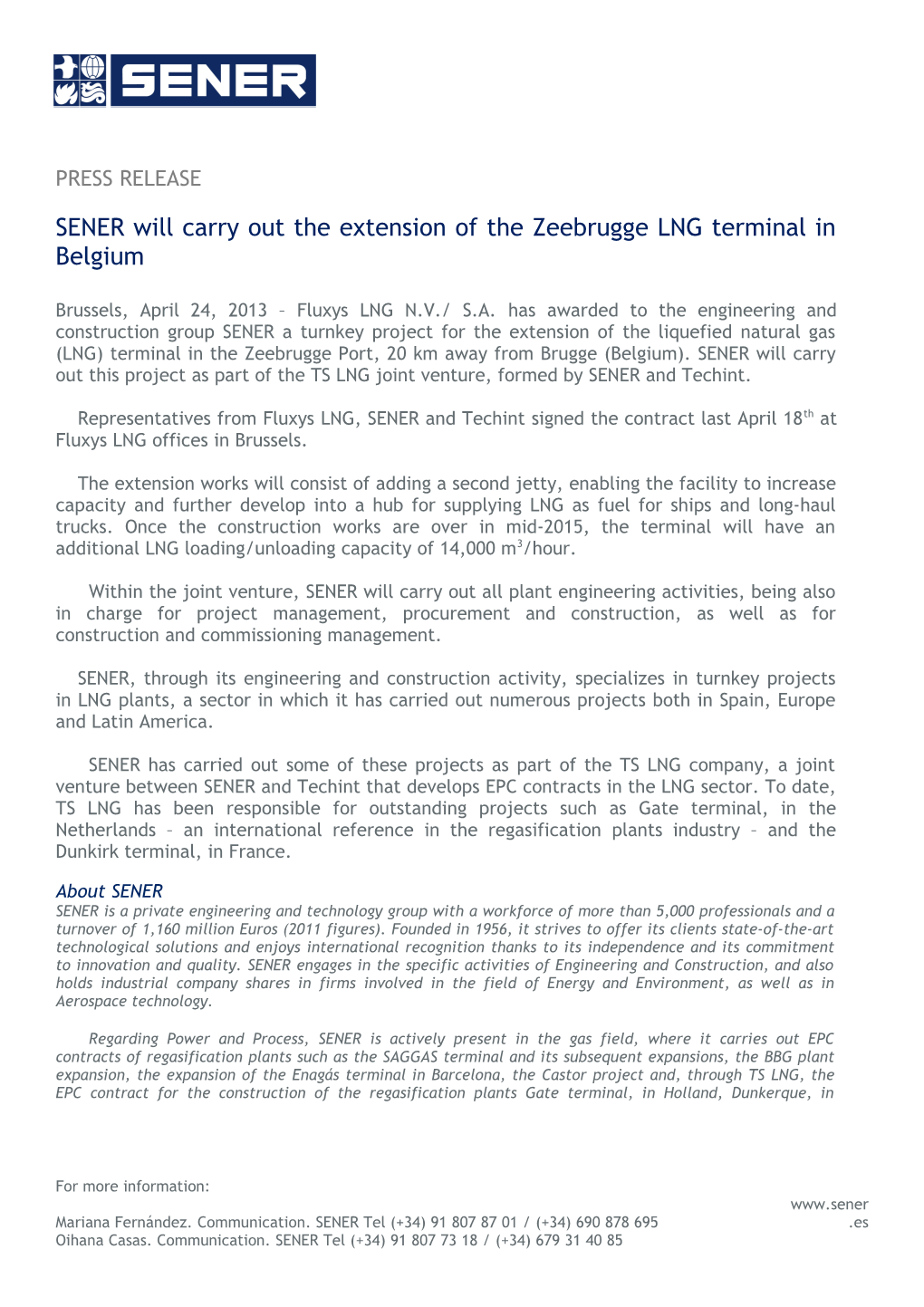 SENER Will Carry out the Extension of the Zeebrugge LNG Terminal in Belgium