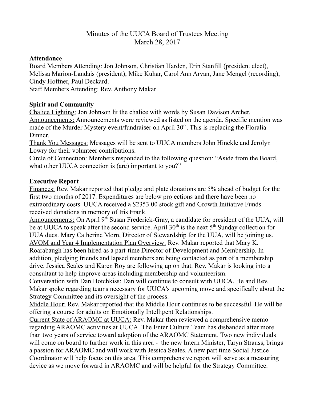 Minutes of the UUCA Board of Trustees Meeting