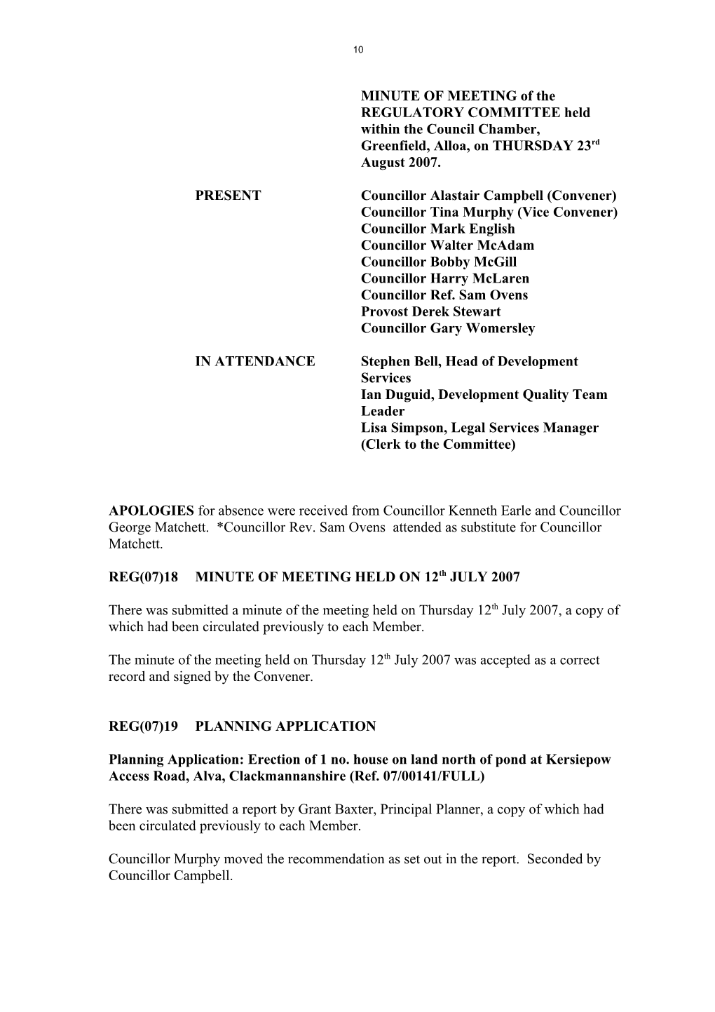 Regulatory Committee Minutes 23Rd August 2007