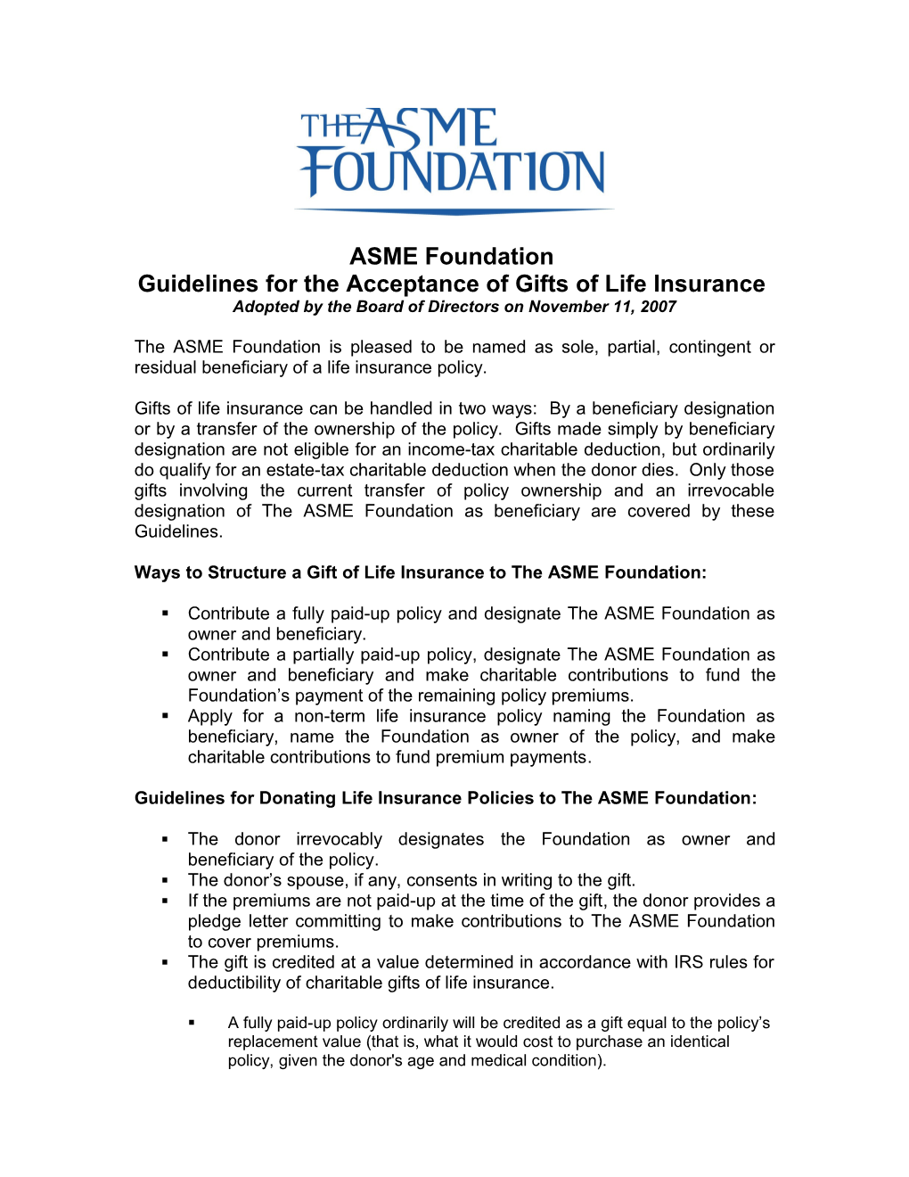 Guidelines for the Acceptance of Gifts of Life Insurance