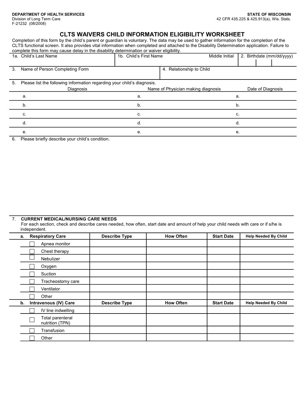 CLTS Waivers Child Information Eligibility Worksheet