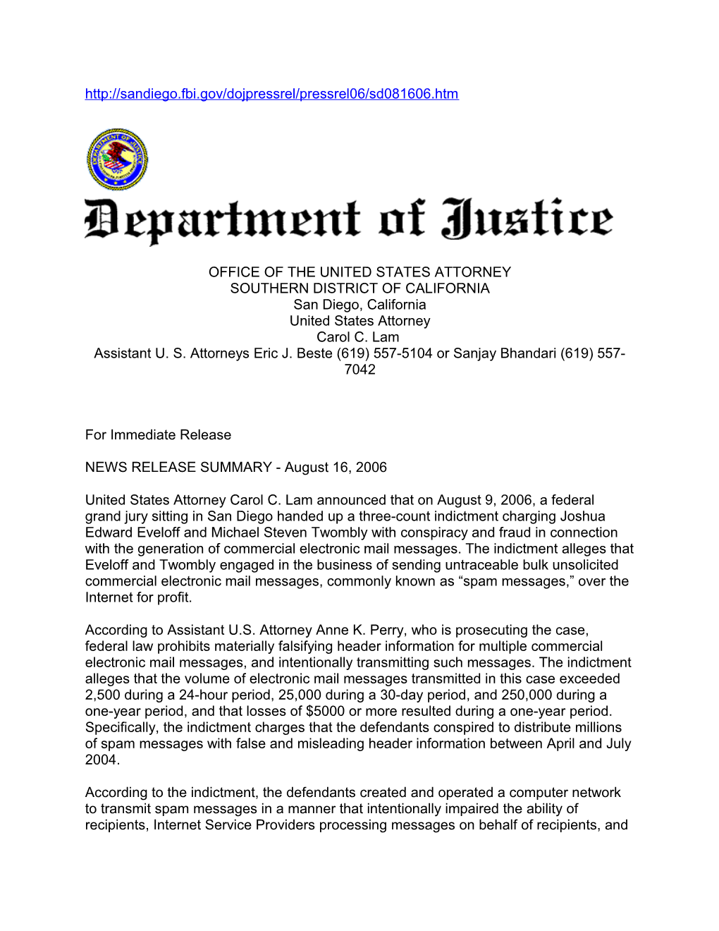 Two Indicted for Spamming with False Headers - FBI/DOJ Press Release