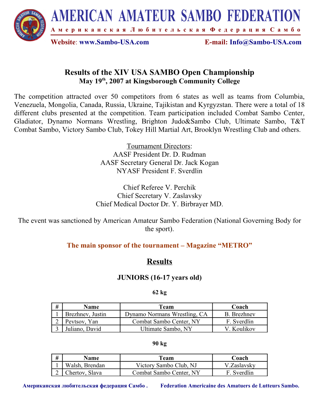 Results of the XIV USA SAMBO Open Championship