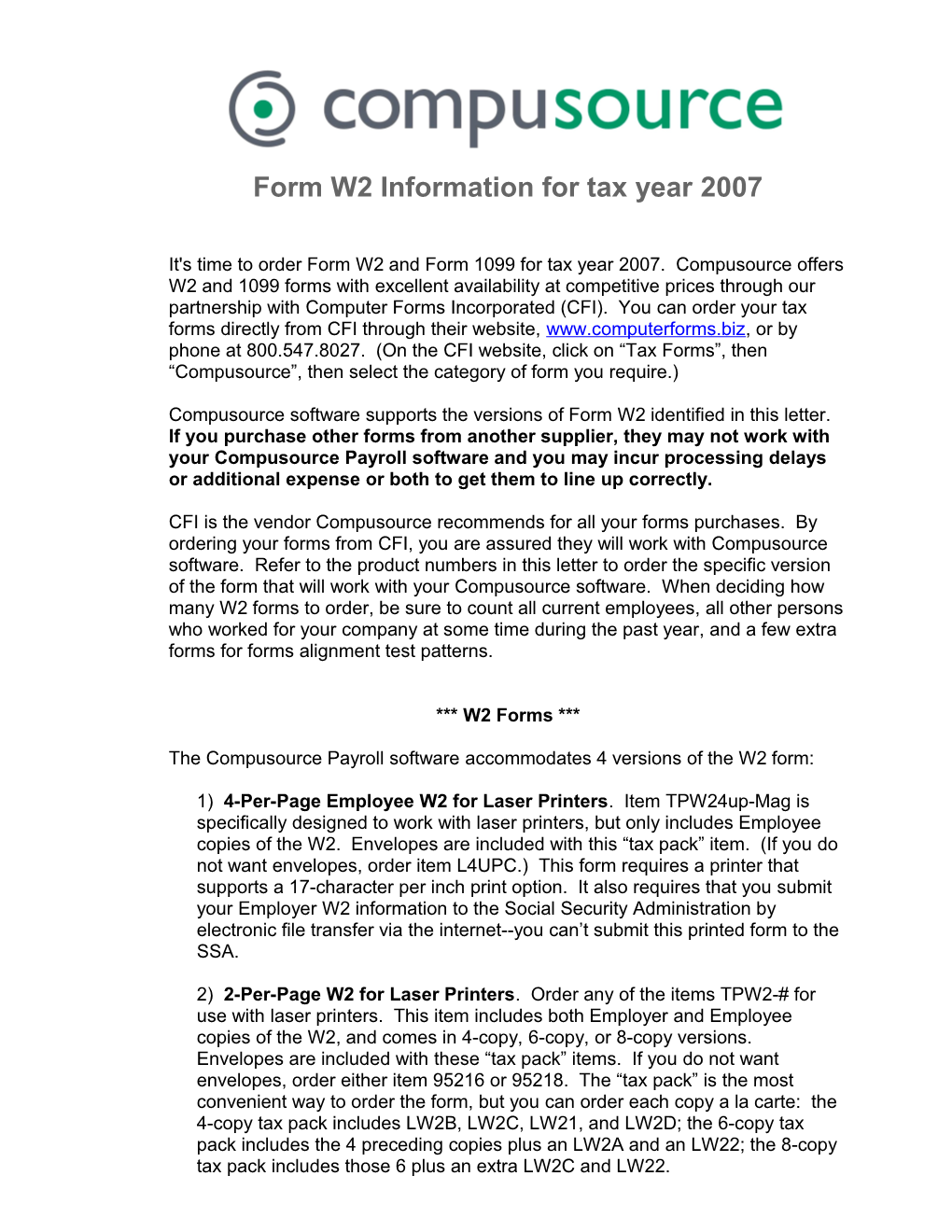 Form W2 Information for Tax Year 2007
