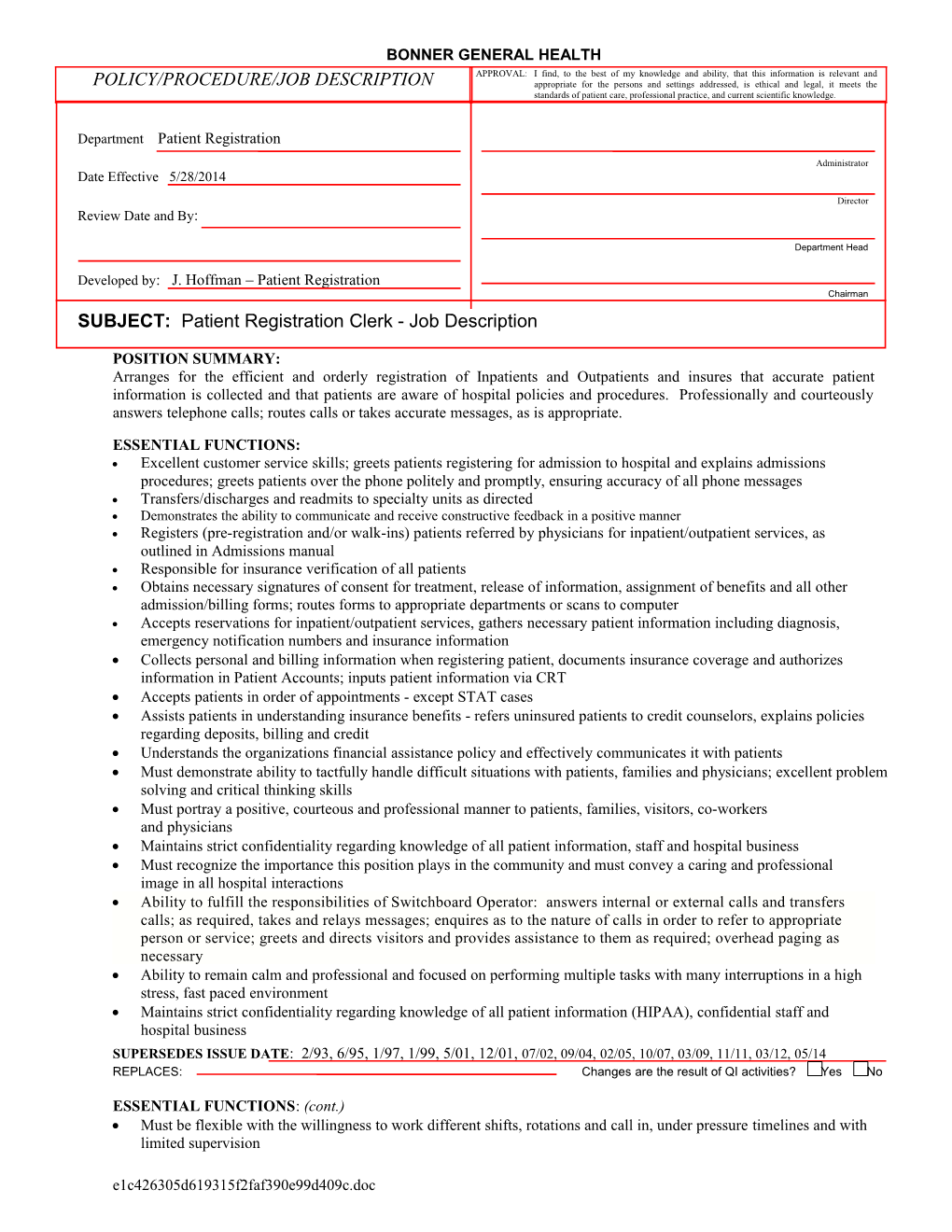 Subject:Patient Registration Clerk - Job Description