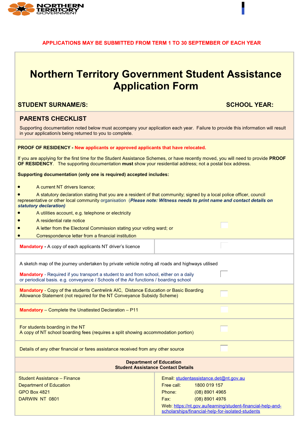 Student Assistance Application Form
