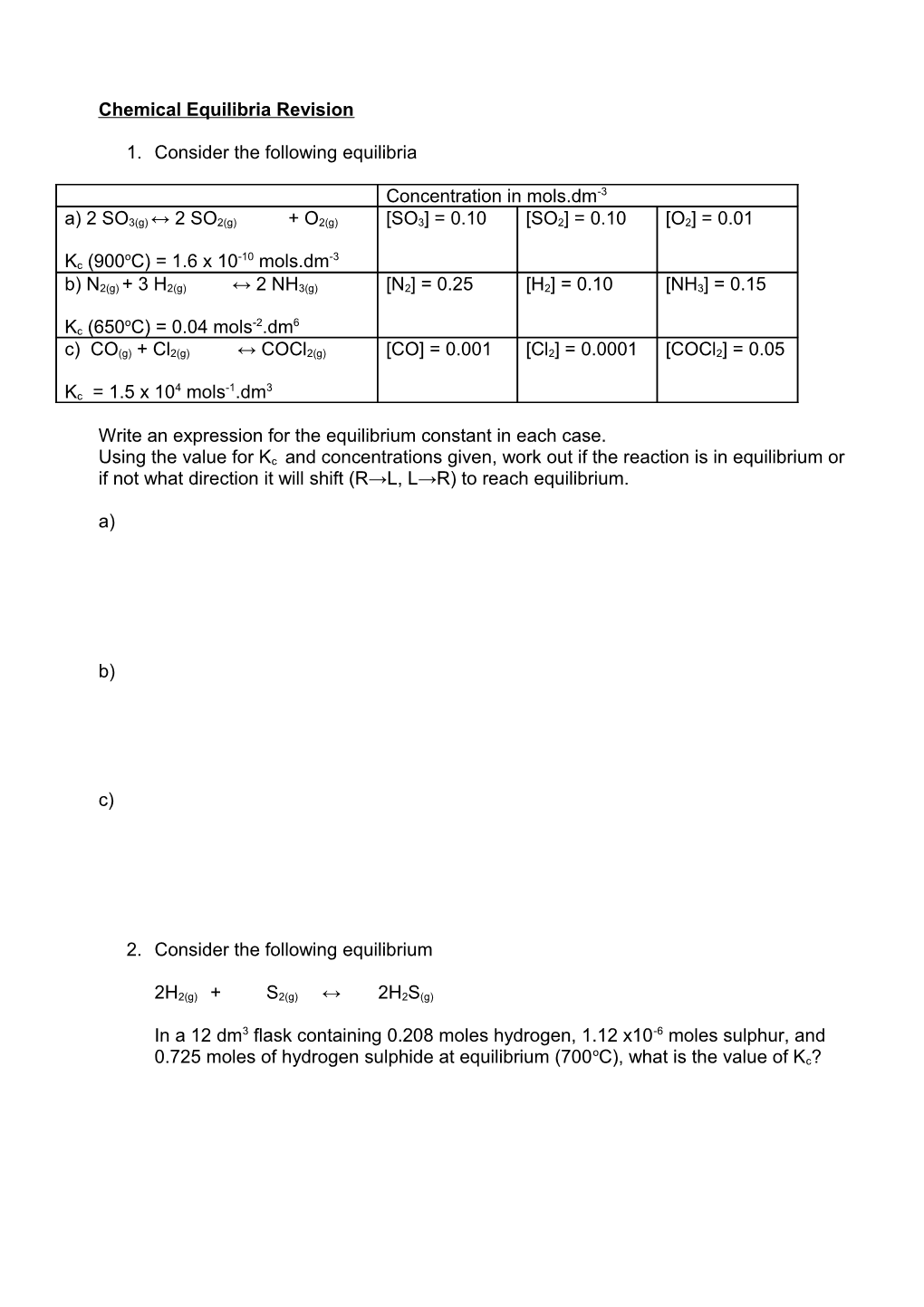 Chemical Equilibria Revision