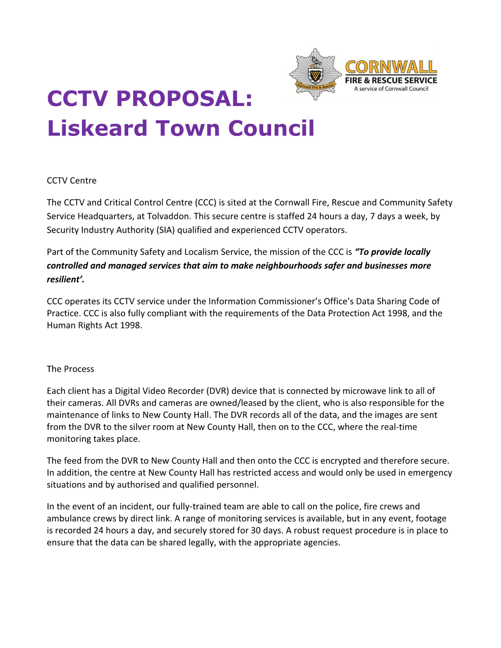 CCTV PROPOSAL: Liskeard Town Council
