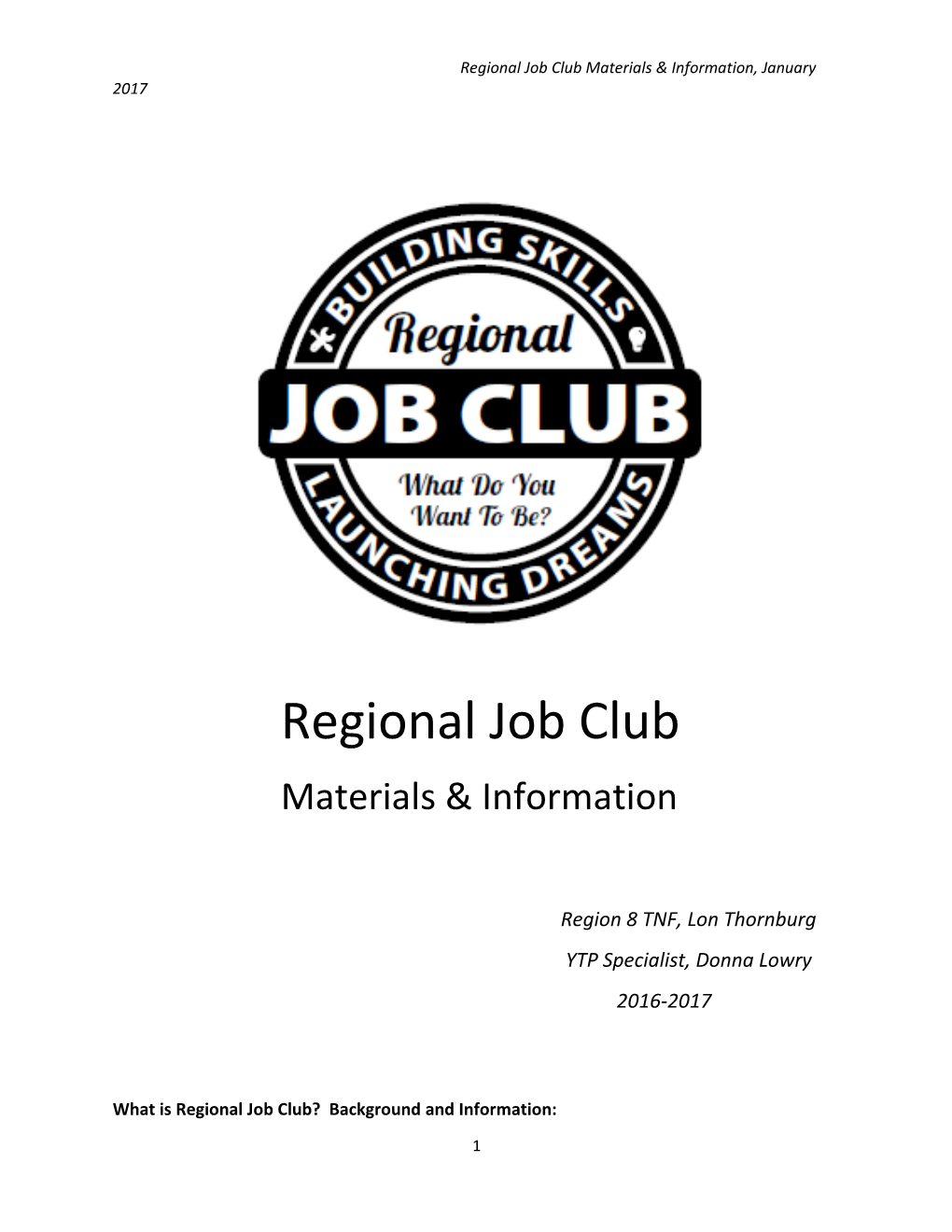 Regional Job Club Materials & Information, January 2017