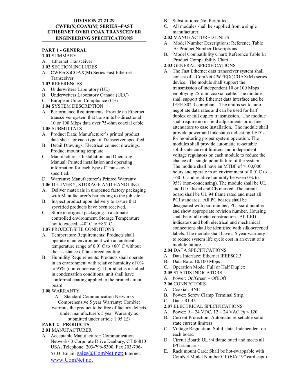 Cwfe(X)Coax(M) Series Fast Ethernet Over Coax Transceiver