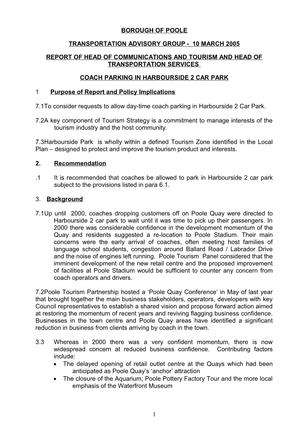 PFD - Councillor Parker - 10 March 2005 - Coach Parking in Harbourside 2 Car Park - Report