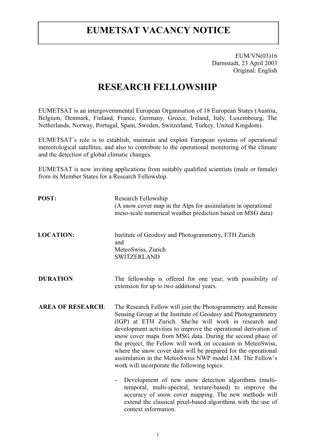 Eumetsat Vacancy Notice