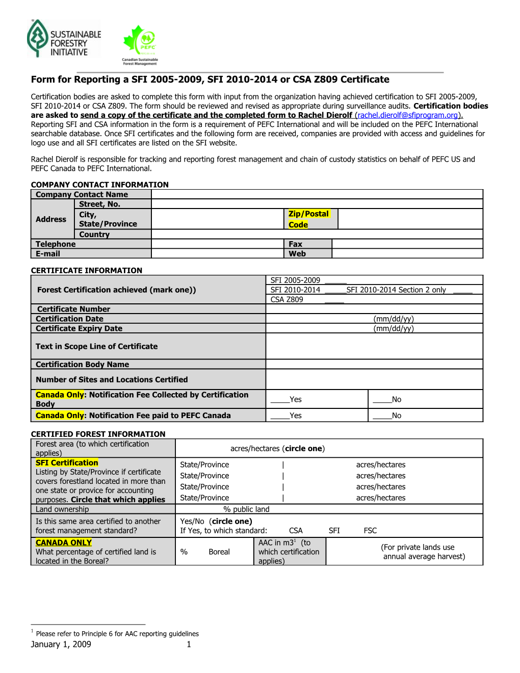Form for Reporting a Forest Management Certification in Canada