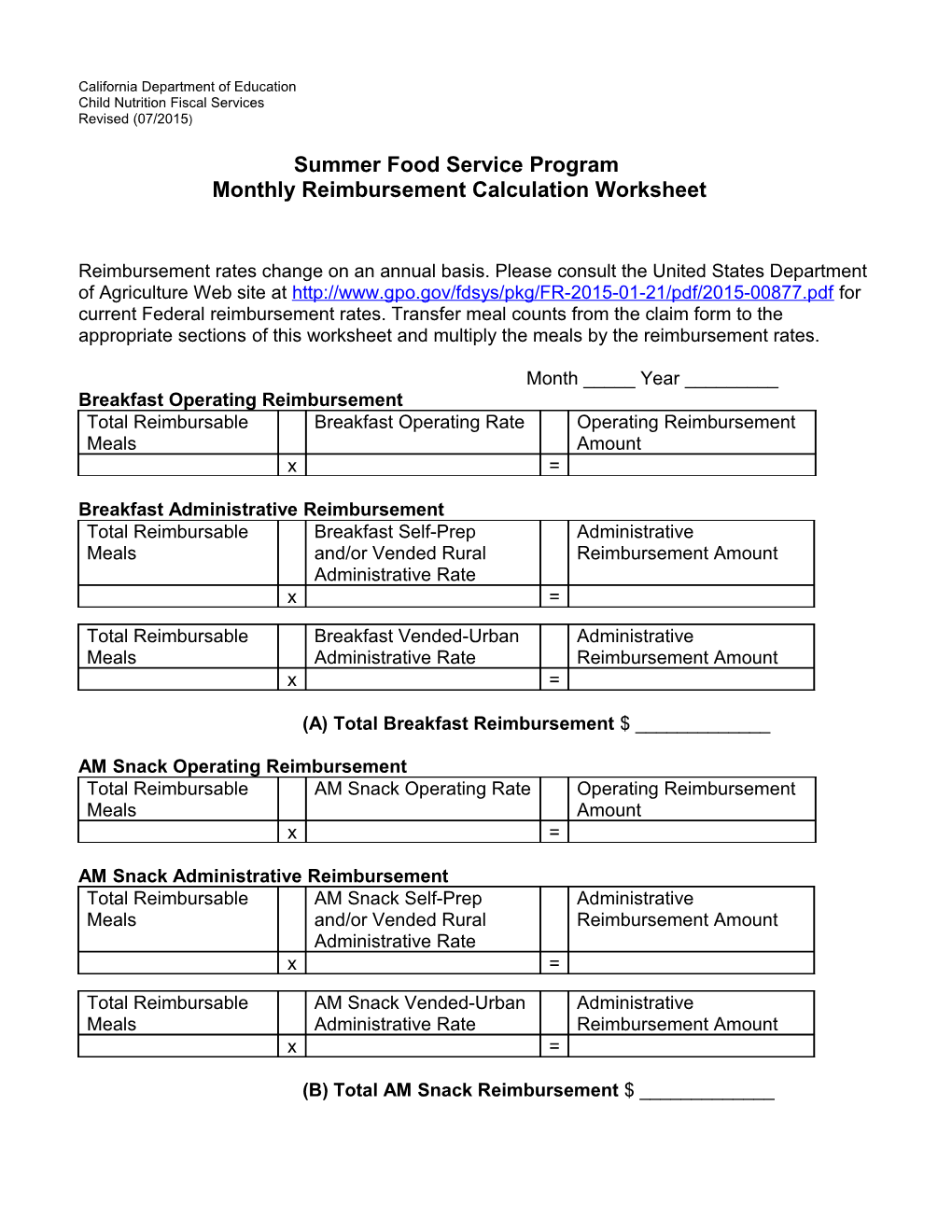 Monthly Reimbursement Calculation Worksheet - Nutrition Services (CA Dept of Education)