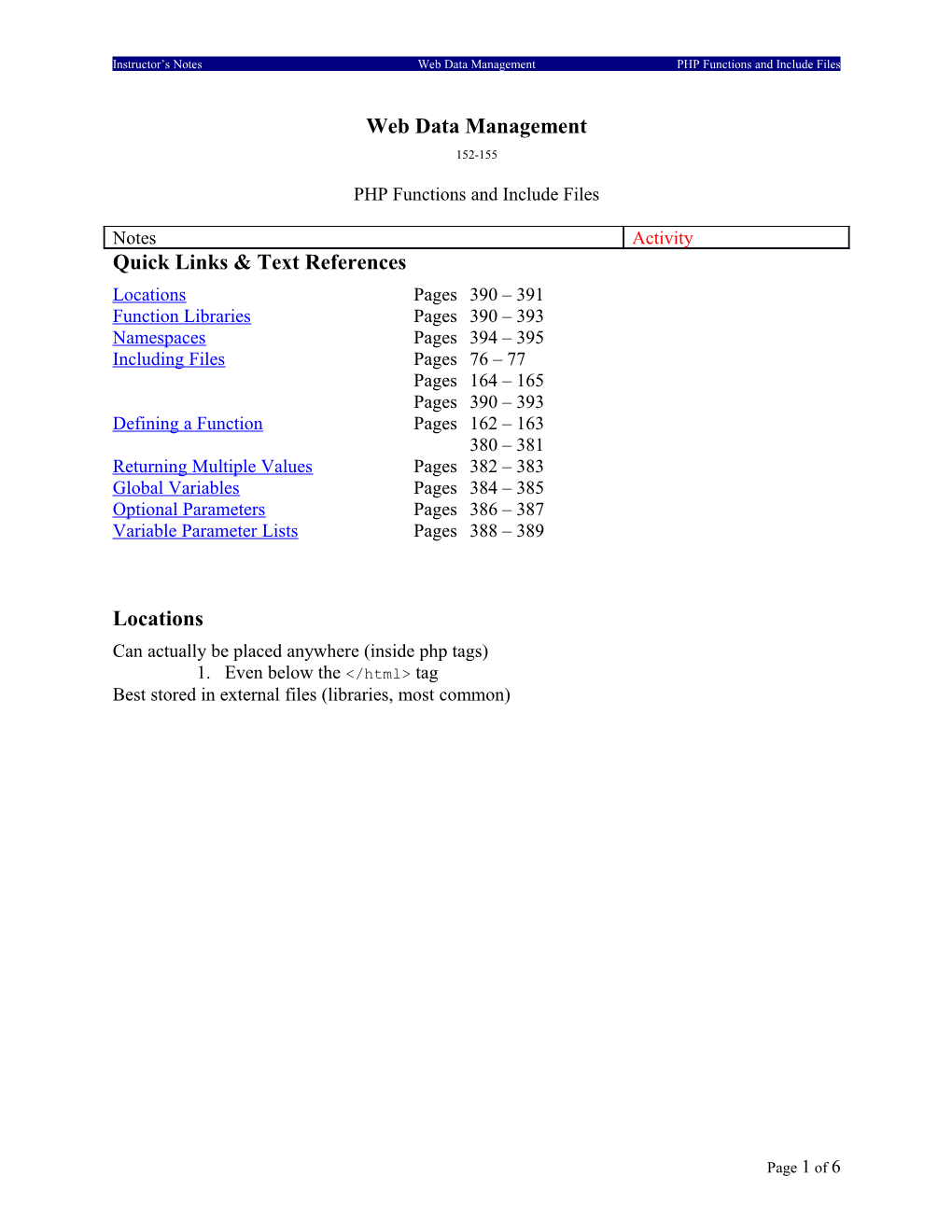 Instructor S Notesweb Data Managementphp Functions and Include Files