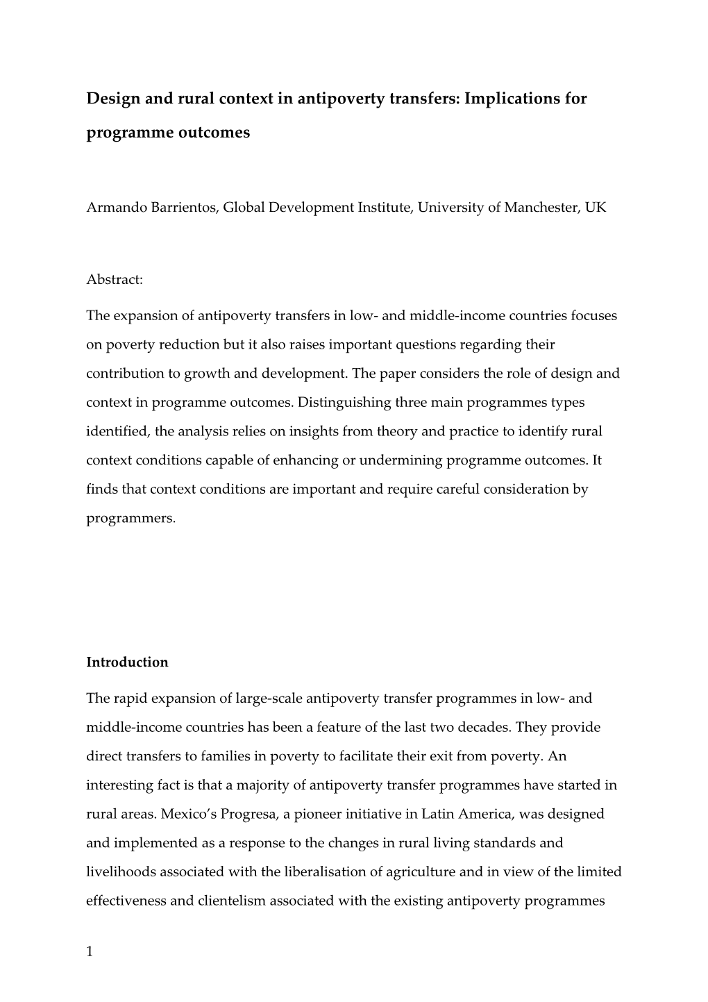 Design and Rural Context in Antipoverty Transfers: Implications for Programme Outcomes