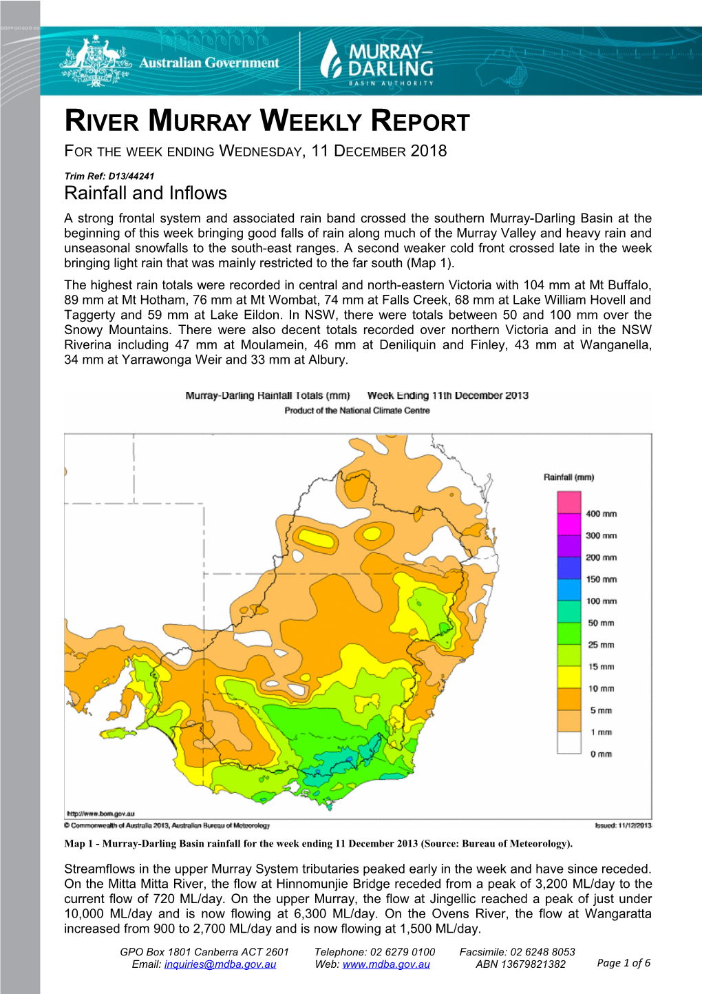 River Murray Operations Weekly Report 11Th December 2013